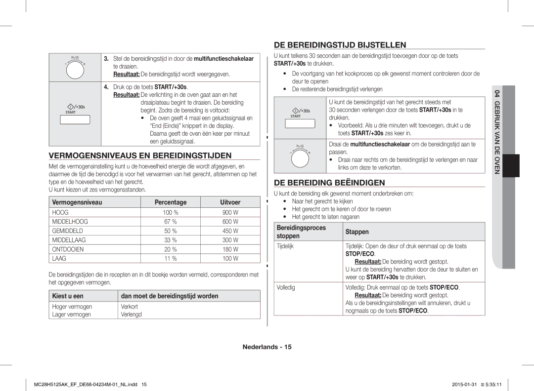 Samsung MC28H5125AW/EF manual Vermogensniveaus EN Bereidingstijden, DE Bereidingstijd Bijstellen, DE Bereiding Beëindigen 