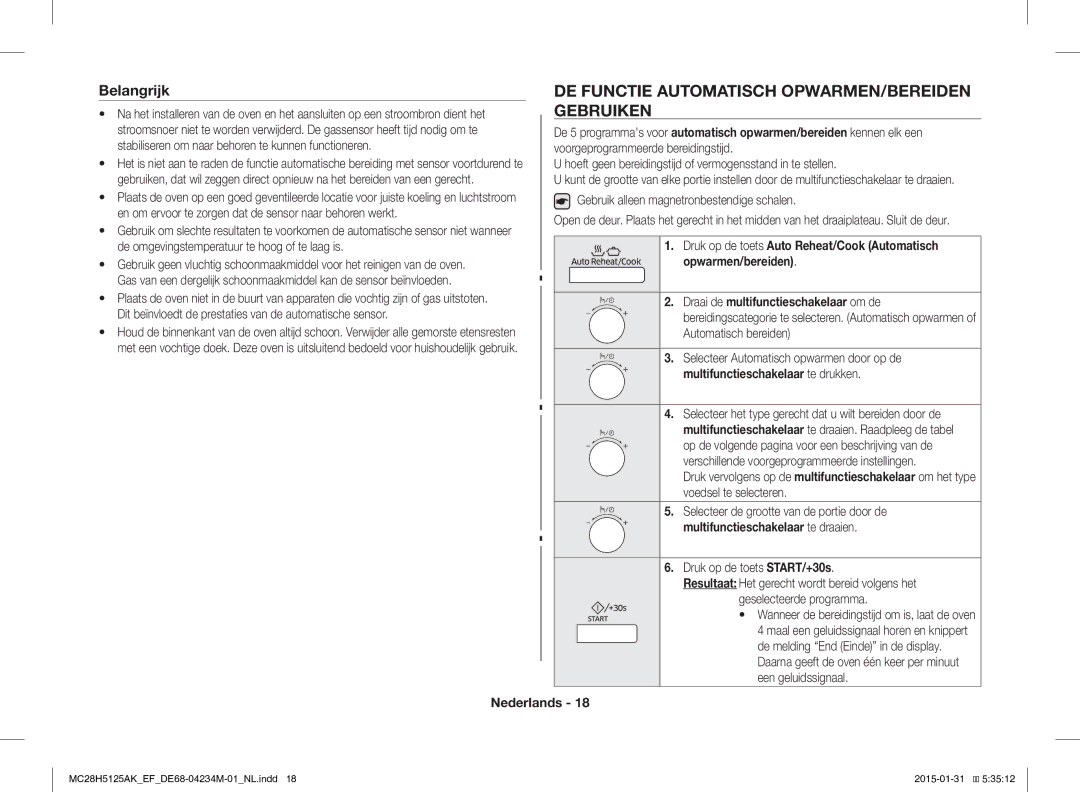 Samsung MC28H5125AK/EF, MC28H5125AW/EF manual DE Functie Automatisch OPWARMEN/BEREIDEN Gebruiken, Belangrijk 