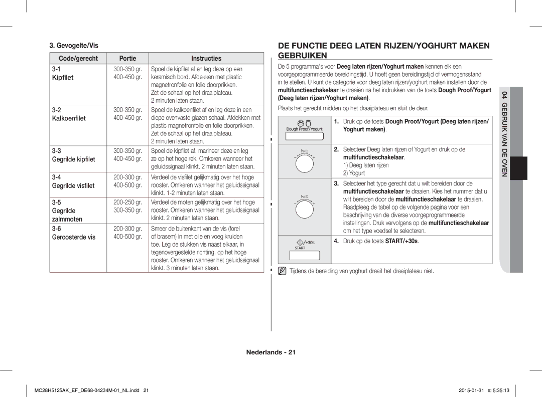 Samsung MC28H5125AW/EF, MC28H5125AK/EF manual DE Functie Deeg Laten RIJZEN/YOGHURT Maken Gebruiken, Gevogelte/Vis 