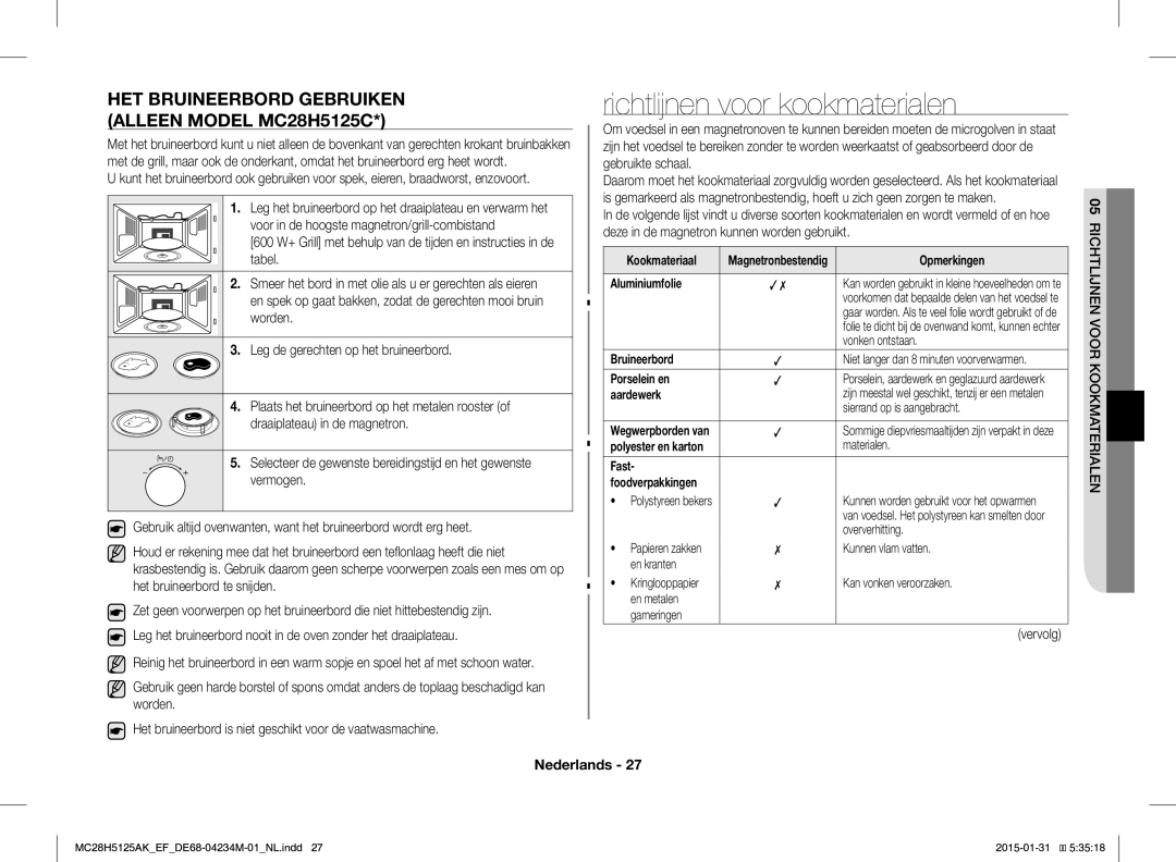 Samsung MC28H5125AW/EF, MC28H5125AK/EF Richtlijnen voor kookmaterialen, HET Bruineerbord Gebruiken Alleen Model MC28H5125C 