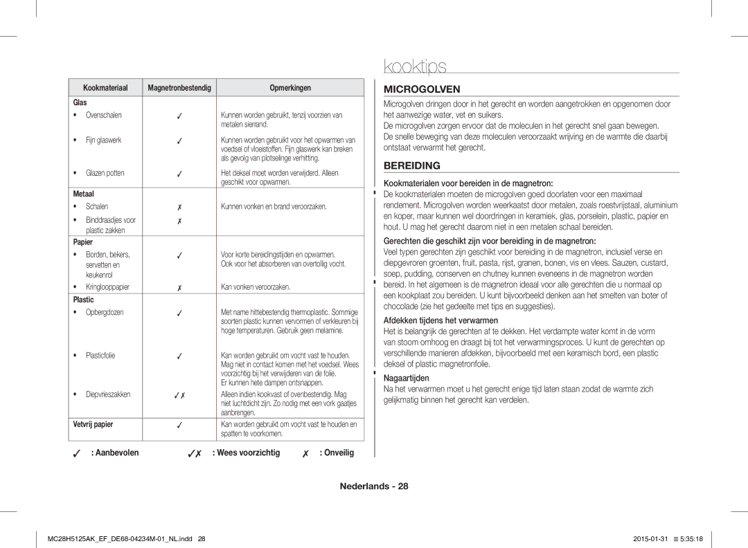 Samsung MC28H5125AK/EF, MC28H5125AW/EF manual Kooktips, Microgolven, Bereiding 