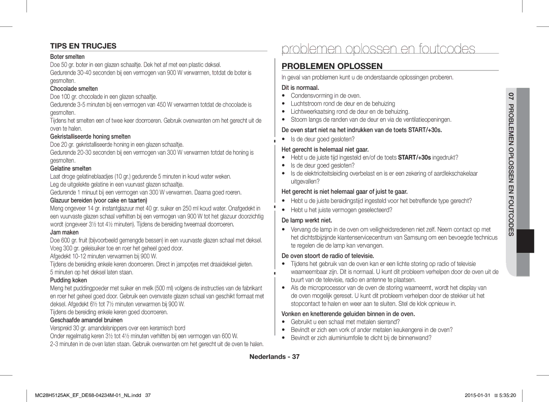 Samsung MC28H5125AW/EF, MC28H5125AK/EF manual Problemen oplossen en foutcodes, Problemen Oplossen, Tips EN Trucjes 