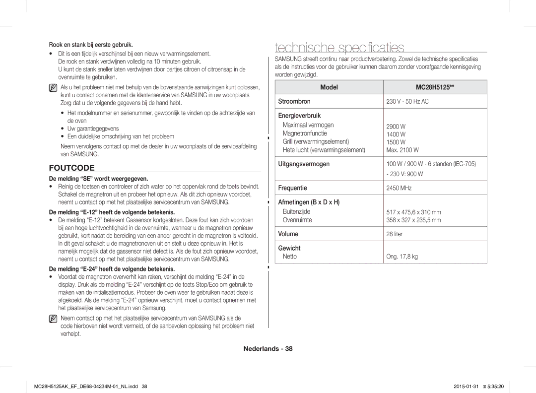 Samsung MC28H5125AK/EF, MC28H5125AW/EF manual Technische specificaties, Foutcode 