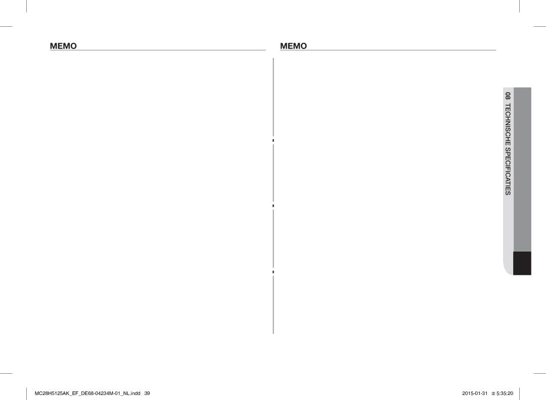 Samsung MC28H5125AW/EF, MC28H5125AK/EF manual Memo, 08TECHNISCHE Specificaties 