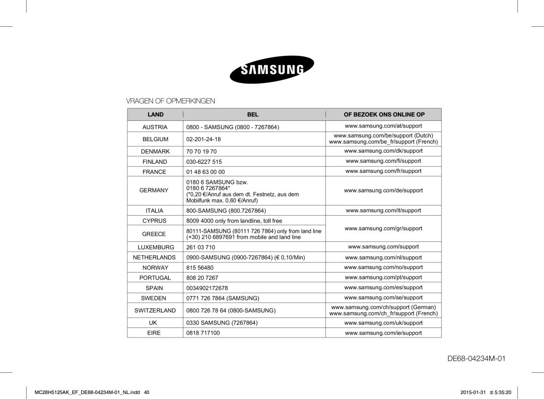 Samsung MC28H5125AK/EF, MC28H5125AW/EF manual Belgium 