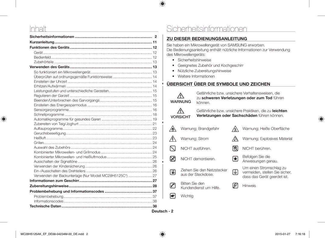 Samsung MC28H5125AK/EF Sicherheitsinformationen, ZU Dieser Bedienungsanleitung, Übersicht Über DIE Symbole UND Zeichen 