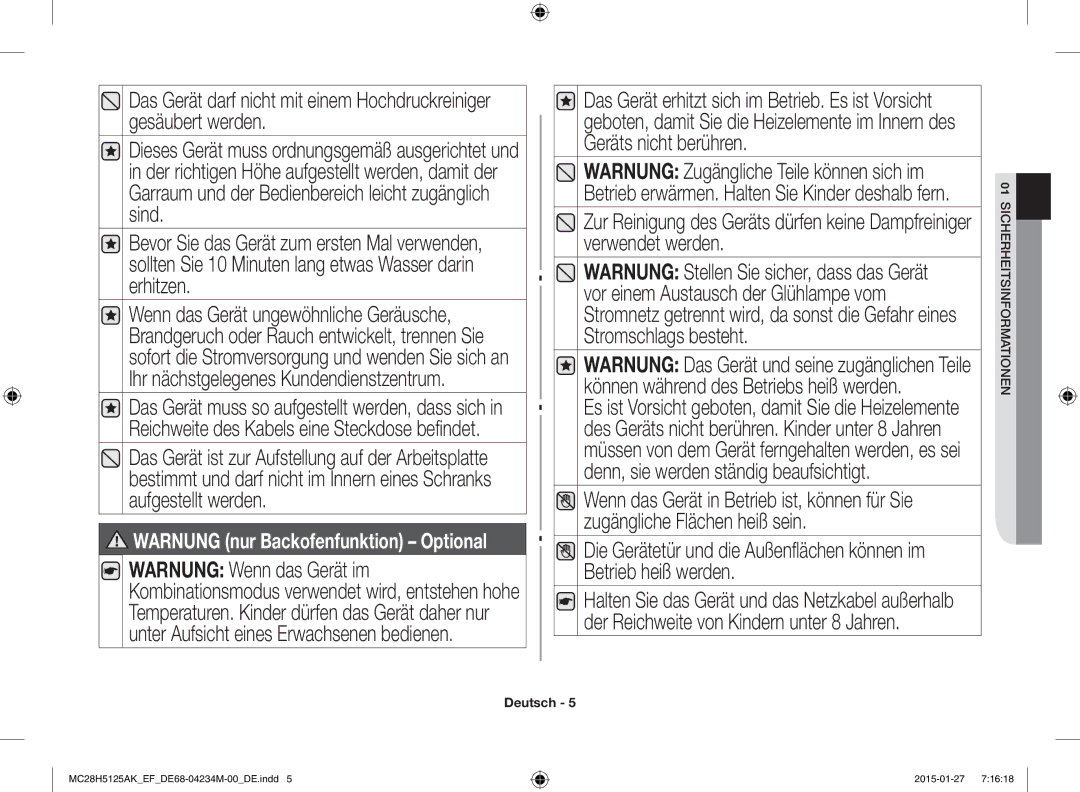 Samsung MC28H5125AW/EF, MC28H5125AK/EF manual Warnung nur Backofenfunktion Optional 