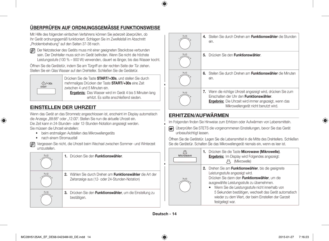 Samsung MC28H5125AK/EF manual Einstellen DER Uhrzeit, Erhitzen/Aufwärmen, Überprüfen AUF Ordnungsgemässe Funktionsweise 