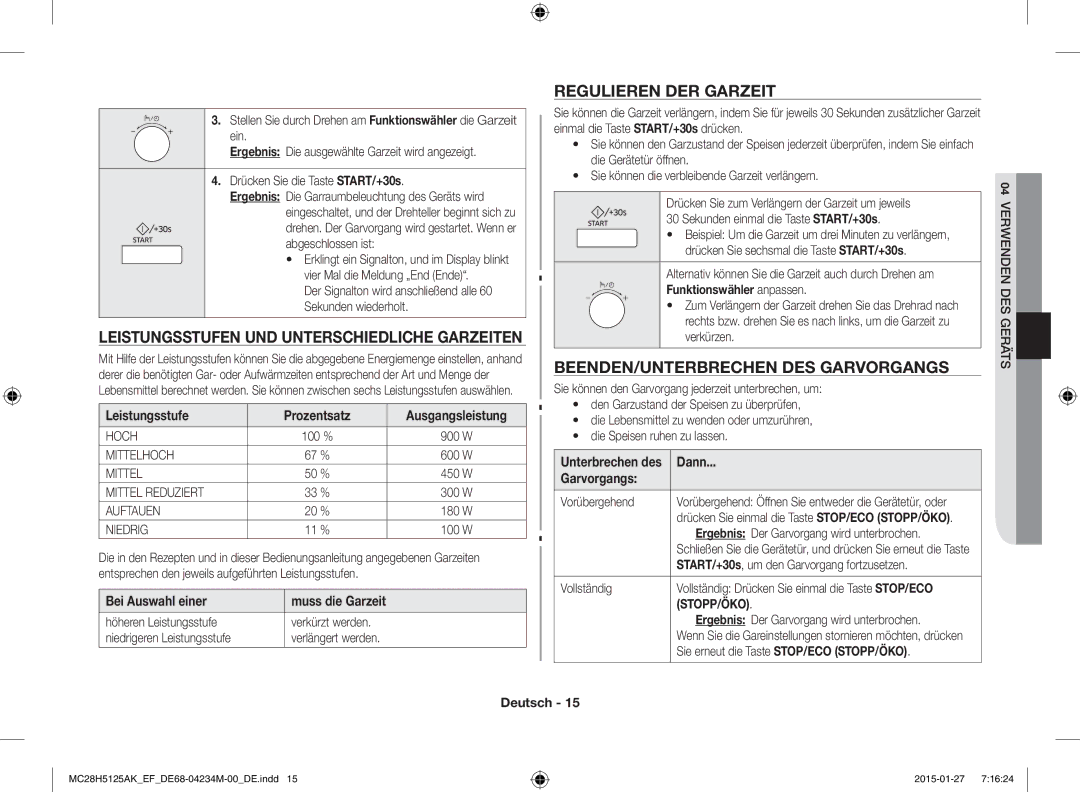 Samsung MC28H5125AW/EF, MC28H5125AK/EF manual Leistungsstufen UND Unterschiedliche Garzeiten, Regulieren DER Garzeit 