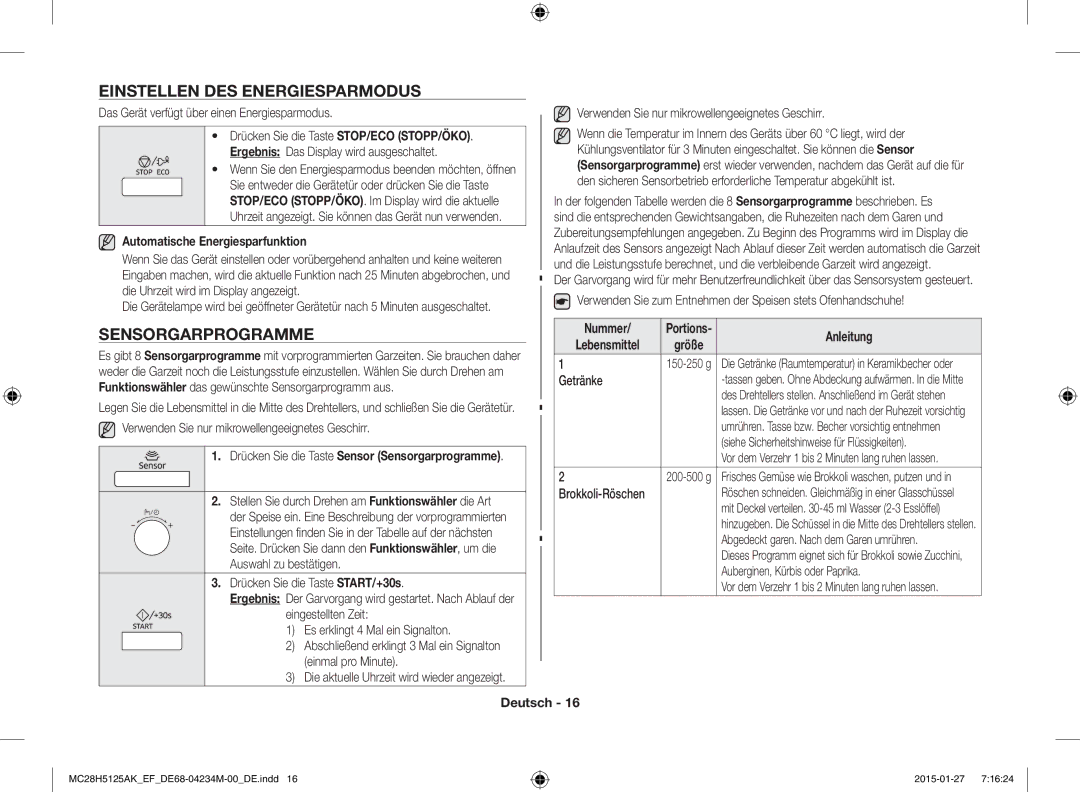 Samsung MC28H5125AK/EF manual Einstellen DES Energiesparmodus, Sensorgarprogramme, Automatische Energiesparfunktion 