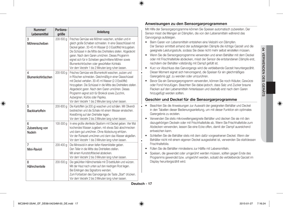 Samsung MC28H5125AW/EF manual Anweisungen zu den Sensorgarprogrammen, Geschirr und Deckel für die Sensorgarprogramme 