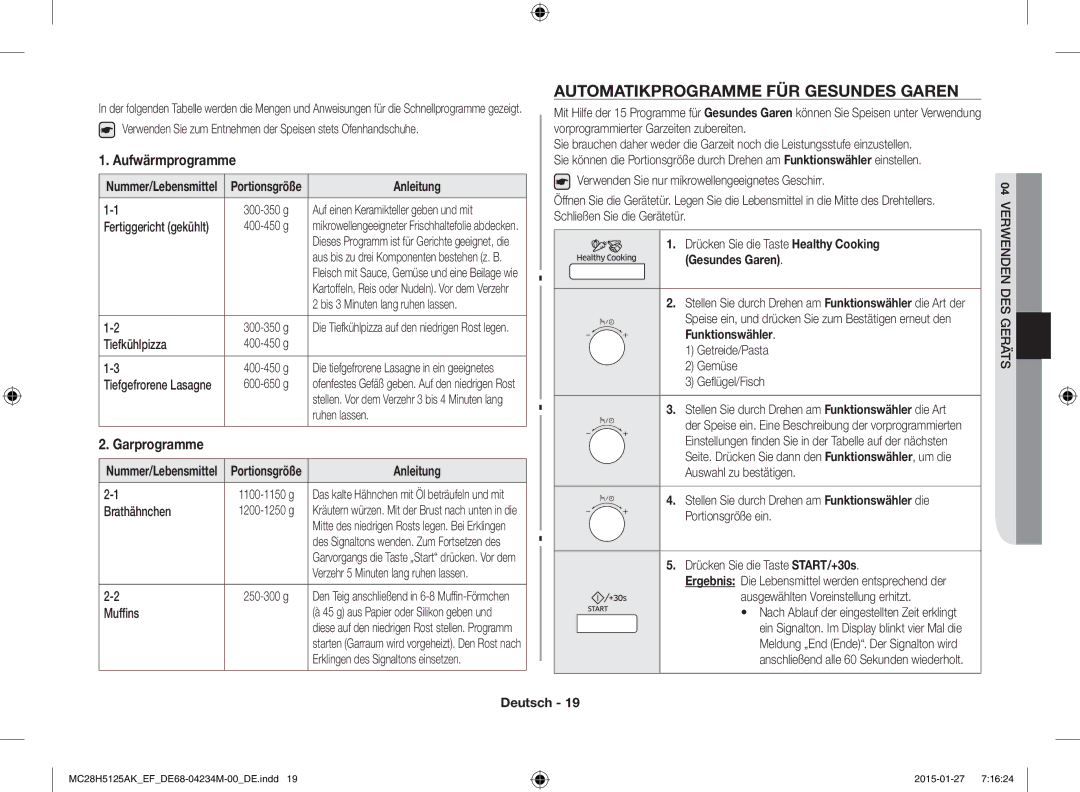 Samsung MC28H5125AW/EF Automatikprogramme FÜR Gesundes Garen, Aufwärmprogramme, Garprogramme, Anleitung, Funktionswähler 