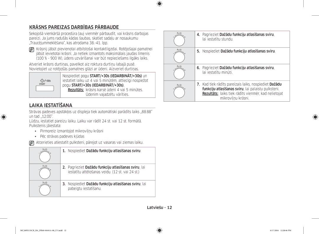 Samsung MC28H5135CK/BA manual Krāsns Pareizas Darbības Pārbaude, Laika Iestatīšana, Mikroviļņu krāsni 