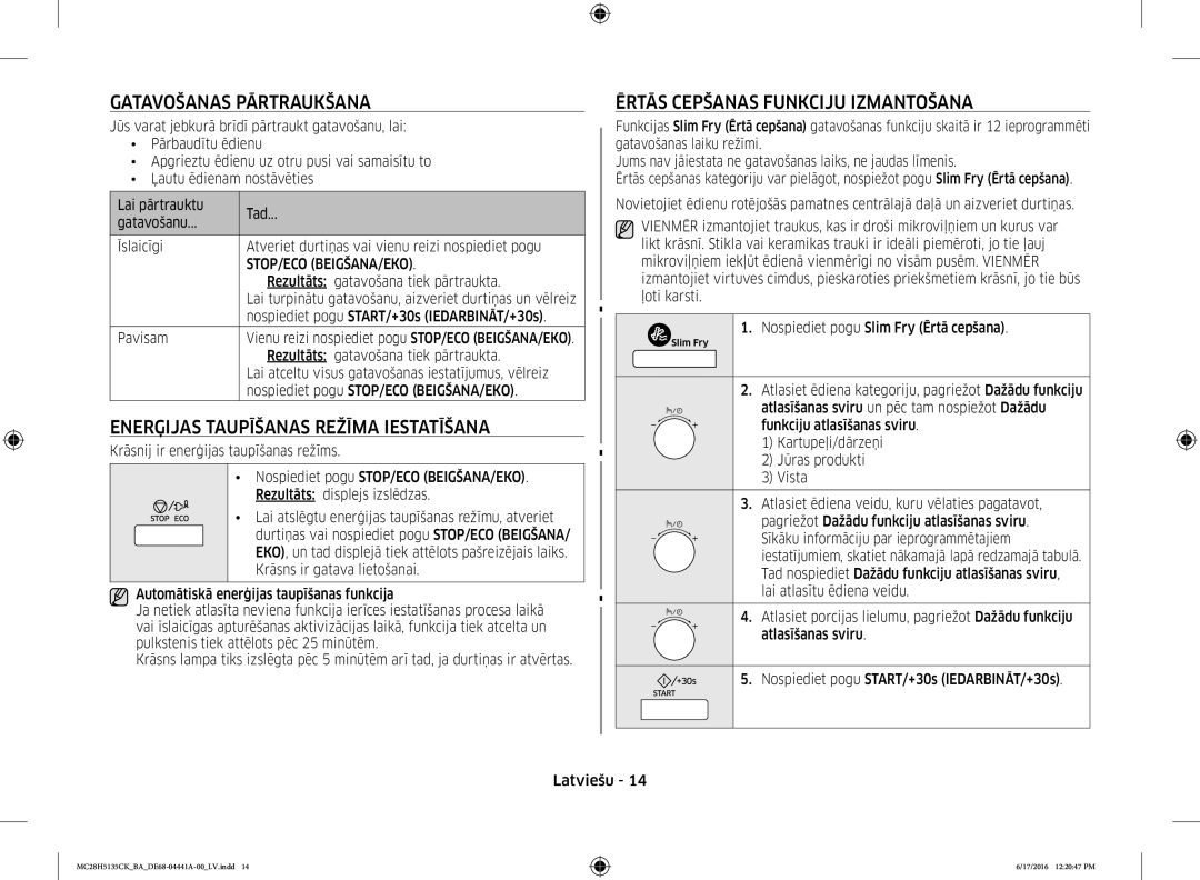 Samsung MC28H5135CK/BA manual Gatavošanas Pārtraukšana, Enerģijas Taupīšanas Režīma Iestatīšana, Stop/Eco Beigšana/Eko 