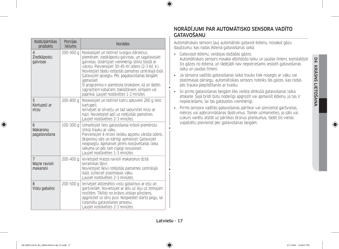 Samsung MC28H5135CK/BA manual Norādījumi PAR Automātisko Sensora Vadīto Gatavošanu 