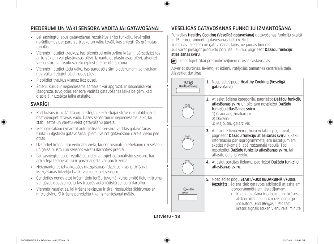 Samsung MC28H5135CK/BA manual Veselīgās Gatavošanas Funkciju Izmantošana, Svarīgi 