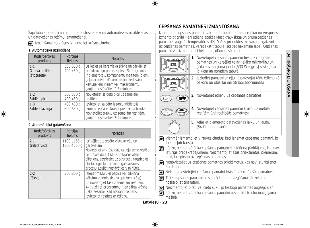 Samsung MC28H5135CK/BA manual Cepšanas Pamatnes Izmantošana 