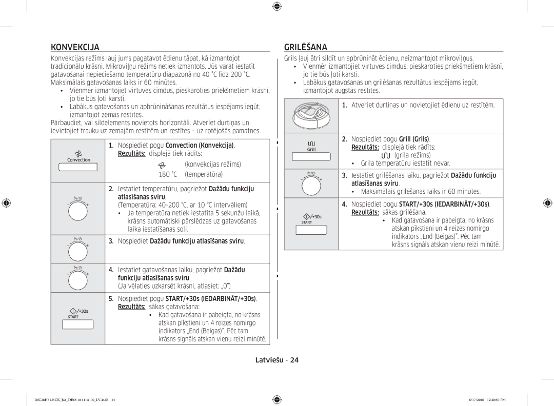 Samsung MC28H5135CK/BA manual Konvekcija, Grilēšana 