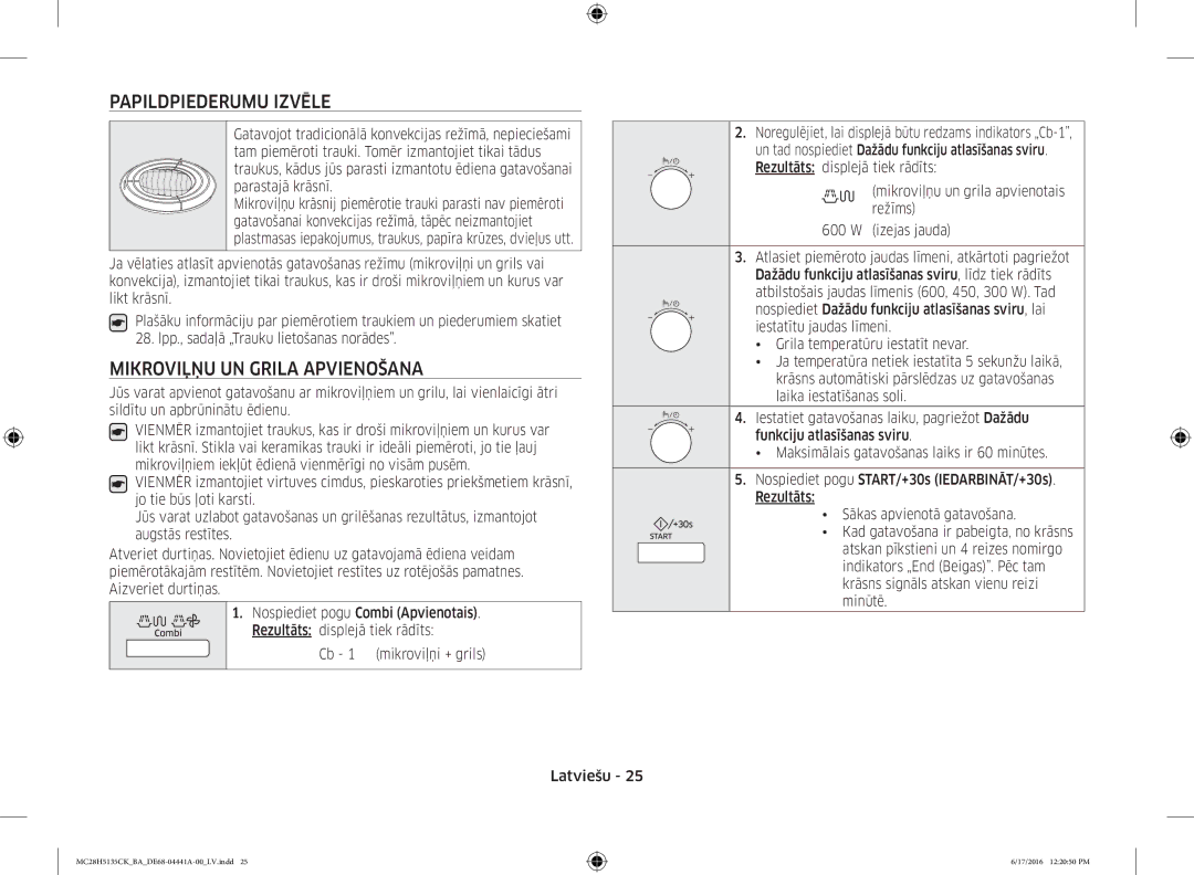 Samsung MC28H5135CK/BA manual Papildpiederumu Izvēle, Mikroviļņu UN Grila Apvienošana, Cb 1 mikroviļņi + grils Latviešu 