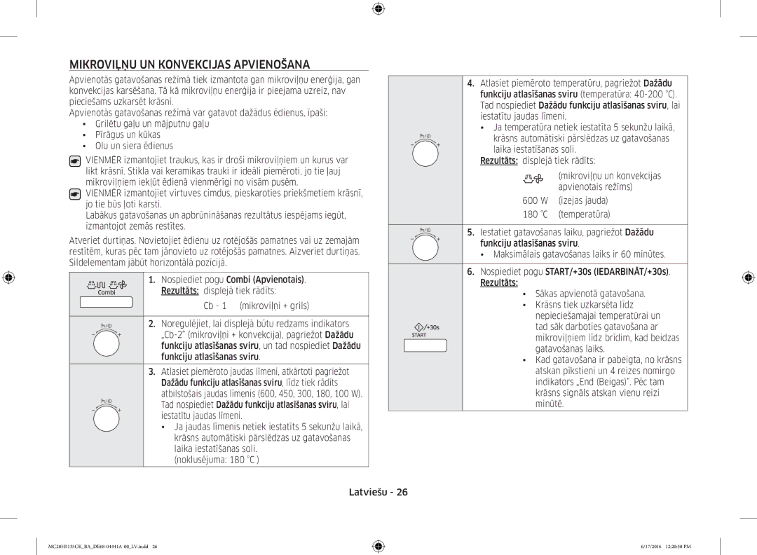 Samsung MC28H5135CK/BA manual Mikroviļņu UN Konvekcijas Apvienošana 