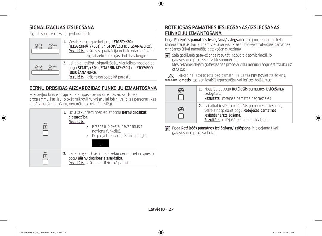 Samsung MC28H5135CK/BA manual Signalizācijas Izslēgšana, Bērnu Drošības Aizsardzības Funkciju Izmantošana 