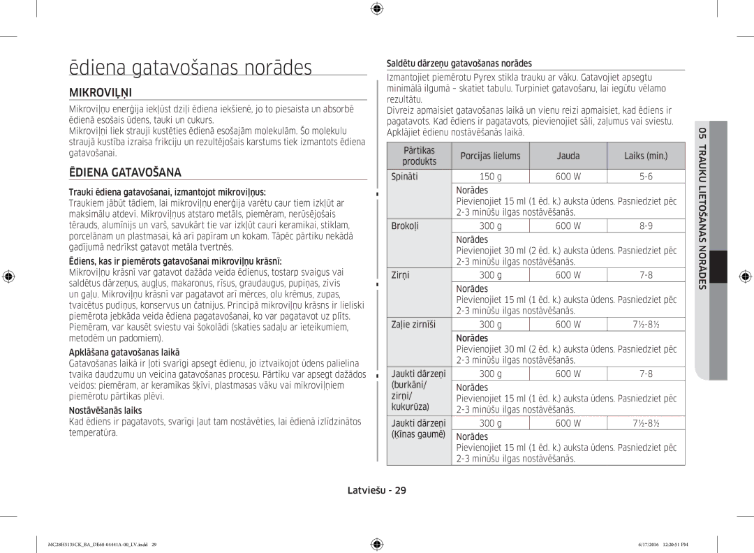 Samsung MC28H5135CK/BA manual Ēdiena gatavošanas norādes, Mikroviļņi, Ēdiena Gatavošana 