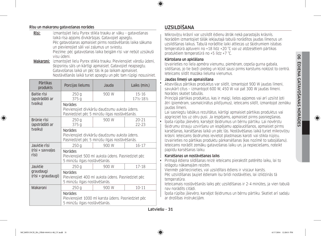 Samsung MC28H5135CK/BA manual Uzsildīšana 