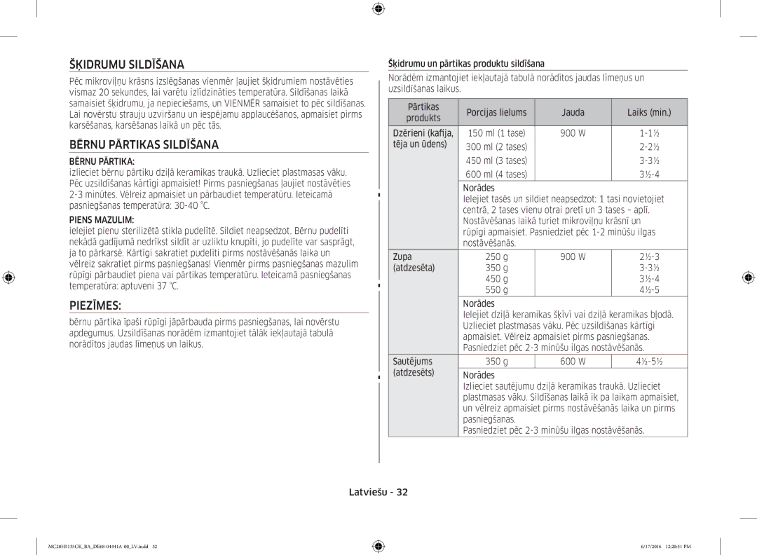 Samsung MC28H5135CK/BA manual Šķidrumu Sildīšana, Bērnu Pārtikas Sildīšana, Piezīmes, Piens Mazulim 