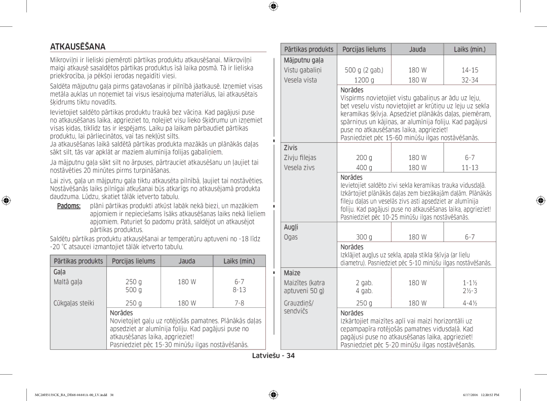 Samsung MC28H5135CK/BA manual Atkausēšana 