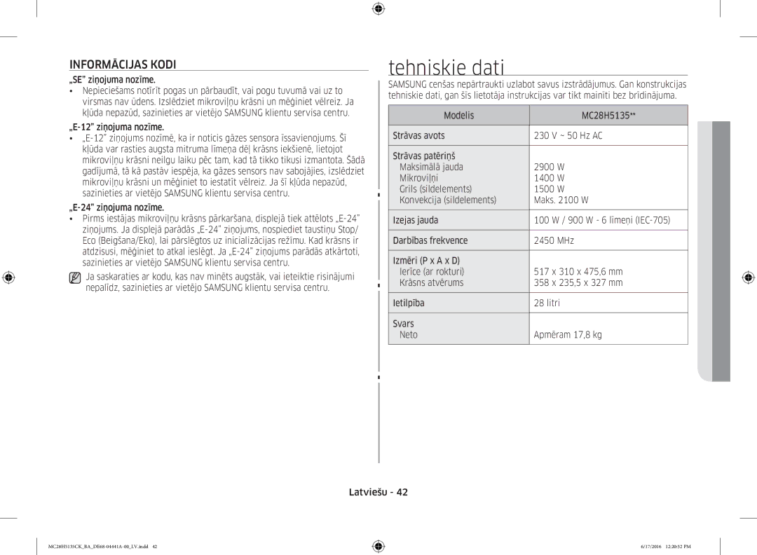 Samsung MC28H5135CK/BA manual Tehniskie dati, Informācijas Kodi, „SE ziņojuma nozīme, „E-12 ziņojuma nozīme 