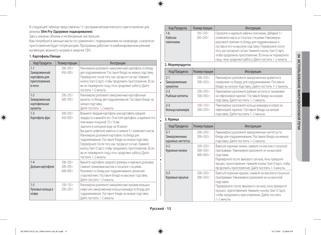 Samsung MC28H5135CK/BA manual Картофель/Овощи, Курица 