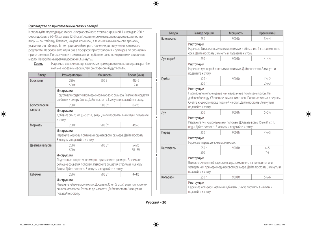 Samsung MC28H5135CK/BA manual Руководство по приготовлению свежих овощей 