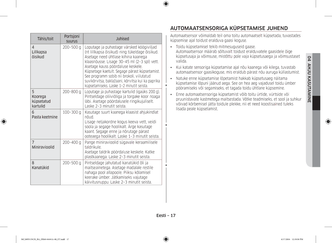 Samsung MC28H5135CK/BA manual Automaatsensoriga Küpsetamise Juhend 