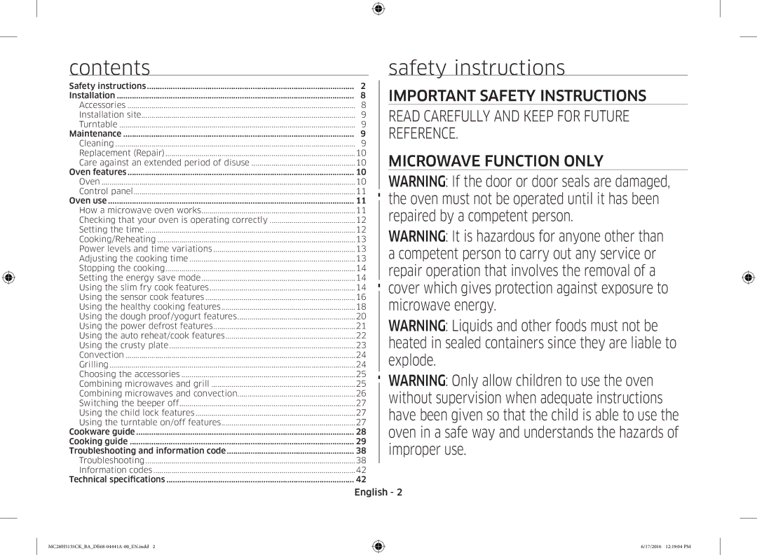 Samsung MC28H5135CK/BA manual Contents, Safety instructions 