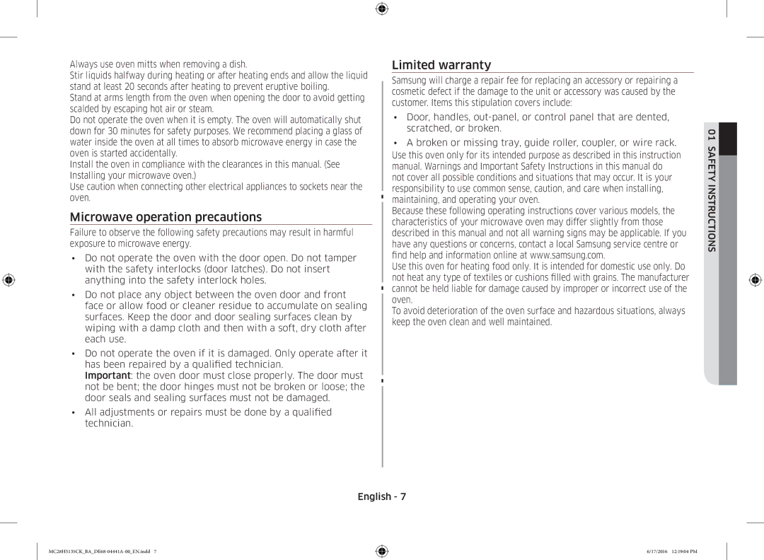 Samsung MC28H5135CK/BA manual Microwave operation precautions, Always use oven mitts when removing a dish 