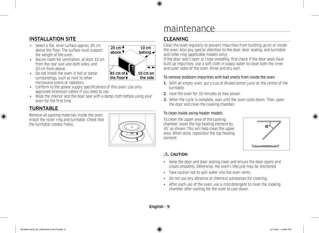 Samsung MC28H5135CK/BA manual Maintenance, Installation Site, Turntable, Cleaning 