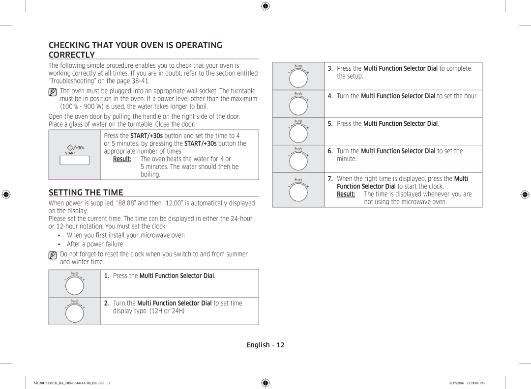 Samsung MC28H5135CK/BA manual Checking That Your Oven is Operating Correctly, Setting the Time 