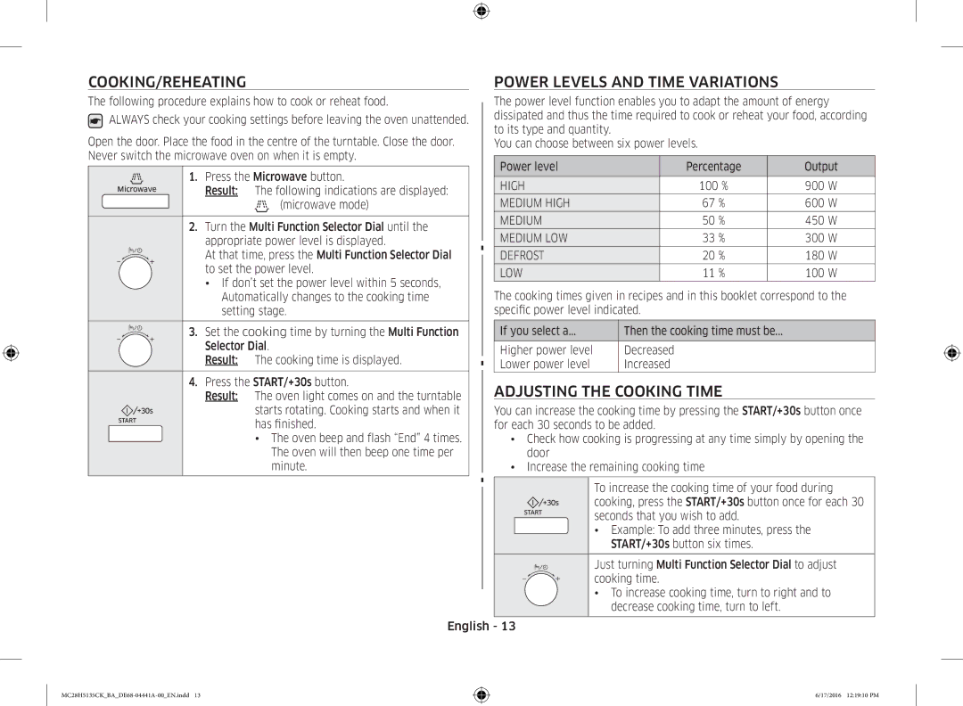 Samsung MC28H5135CK/BA manual Cooking/Reheating, Power Levels and Time Variations, Adjusting the Cooking Time 