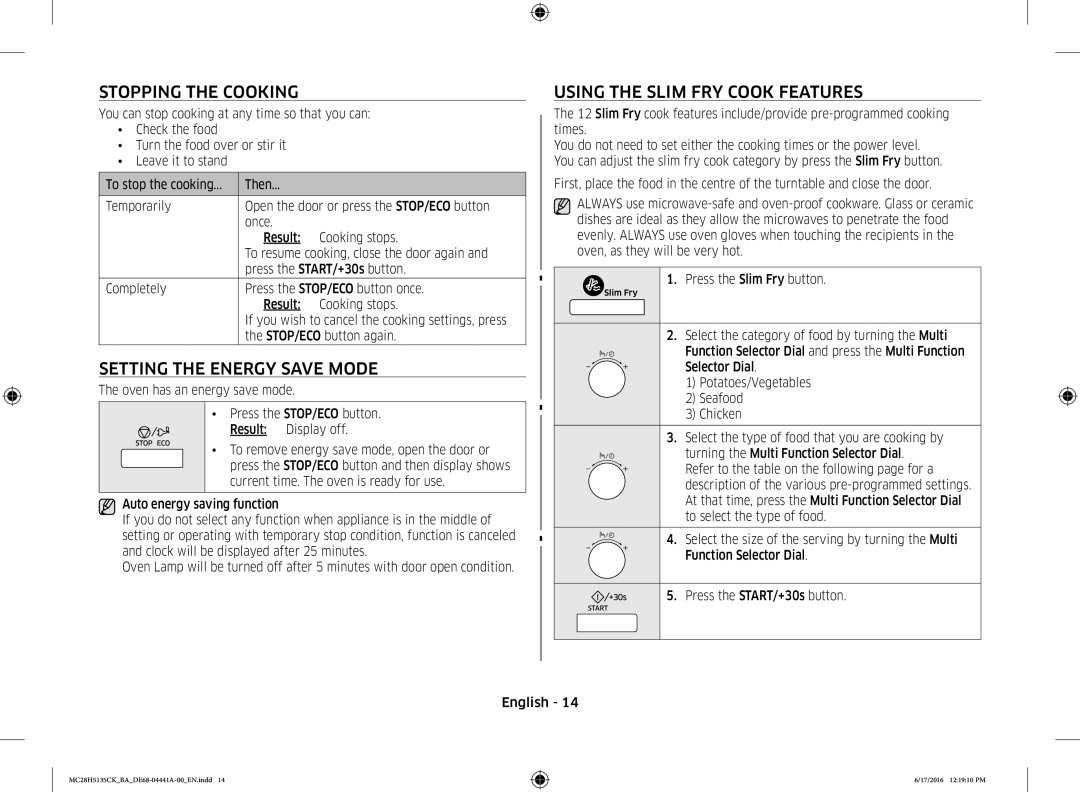 Samsung MC28H5135CK/BA manual Stopping the Cooking, Setting the Energy Save Mode, Using the Slim FRY Cook Features 