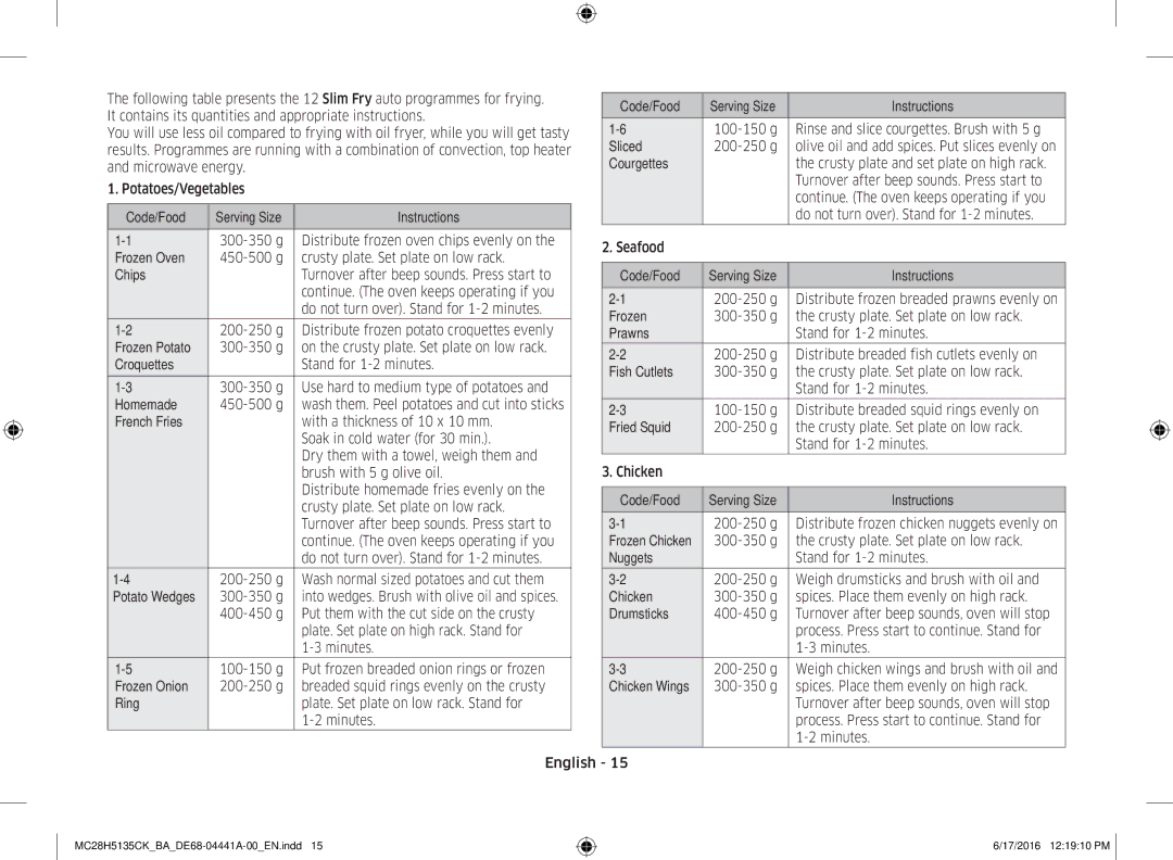 Samsung MC28H5135CK/BA Instructions, Frozen Oven, Crusty plate. Set plate on low rack, Chips, Frozen Potato, Homemade 