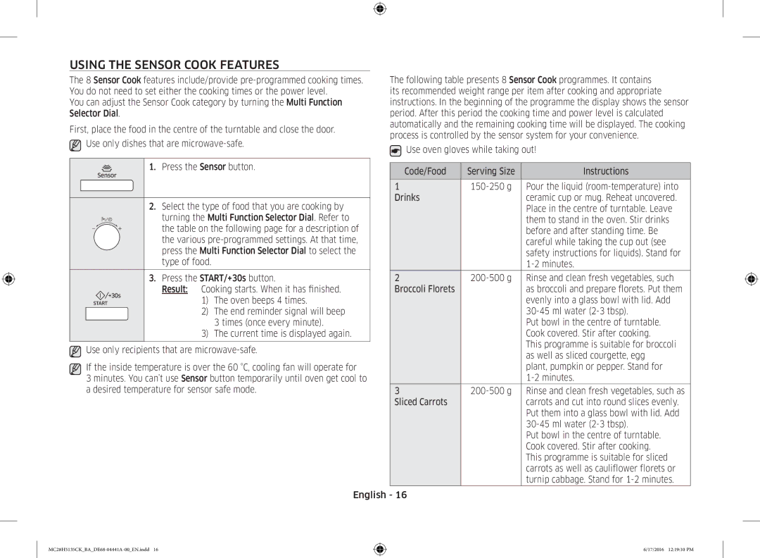 Samsung MC28H5135CK/BA manual Using the Sensor Cook Features 