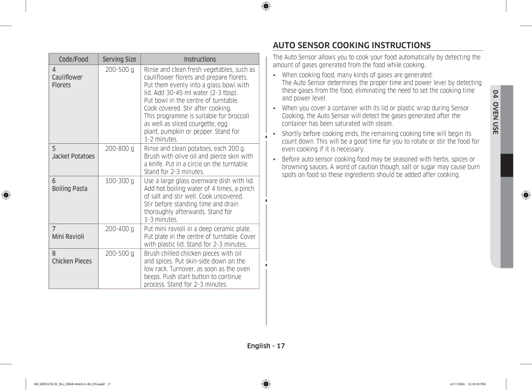 Samsung MC28H5135CK/BA manual Auto Sensor Cooking Instructions 