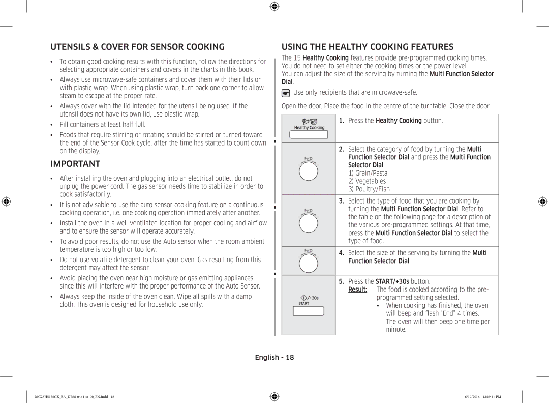 Samsung MC28H5135CK/BA manual Utensils & Cover for Sensor Cooking, Using the Healthy Cooking Features 