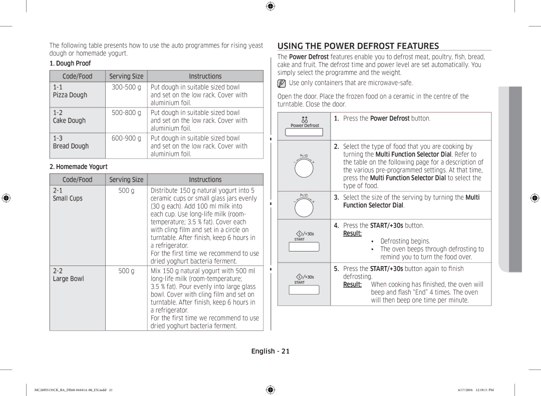 Samsung MC28H5135CK/BA manual Using the Power Defrost Features 