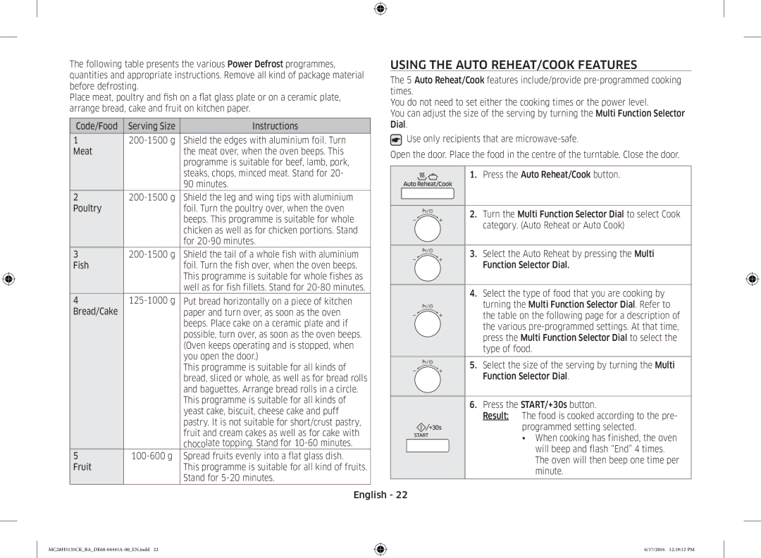 Samsung MC28H5135CK/BA manual Using the Auto REHEAT/COOK Features 