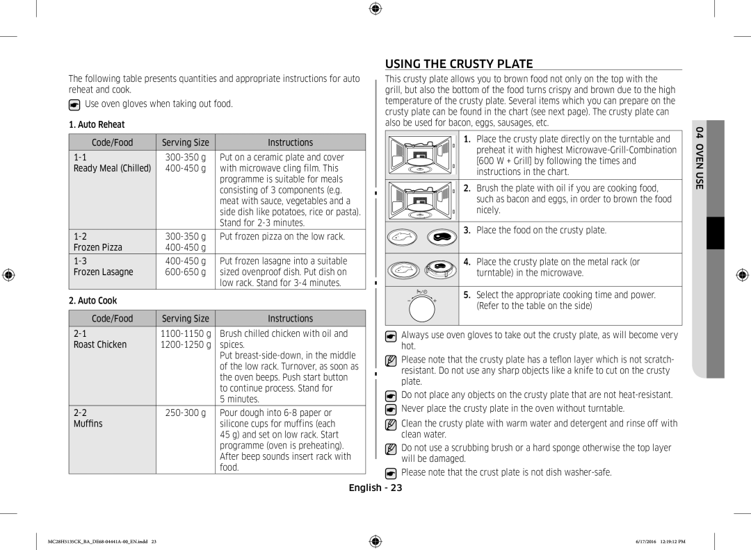 Samsung MC28H5135CK/BA manual Using the Crusty Plate 