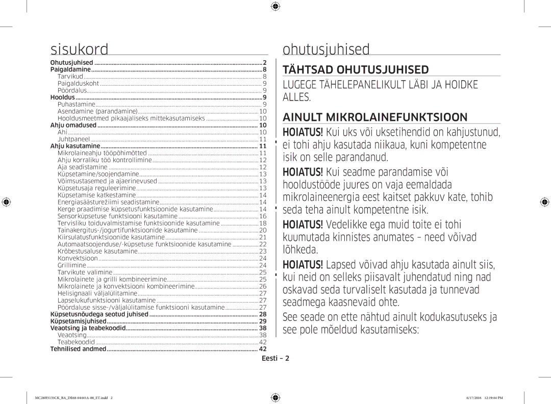 Samsung MC28H5135CK/BA manual Sisukord, Ohutusjuhised, Eesti 