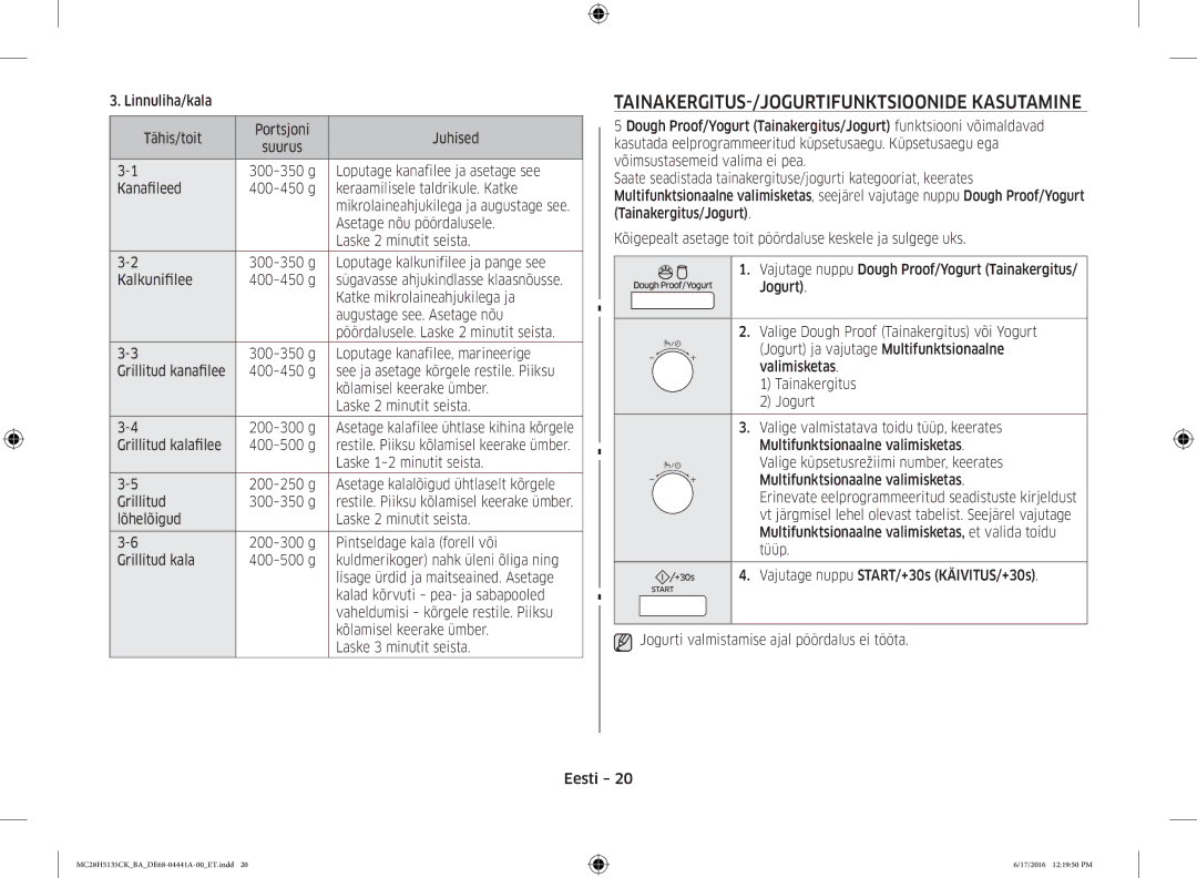 Samsung MC28H5135CK/BA manual TAINAKERGITUS-/JOGURTIFUNKTSIOONIDE Kasutamine 