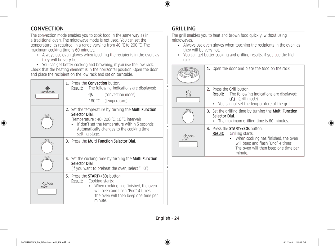 Samsung MC28H5135CK/BA manual Convection, Grilling, Press the START/+30s button. Result Cooking starts 
