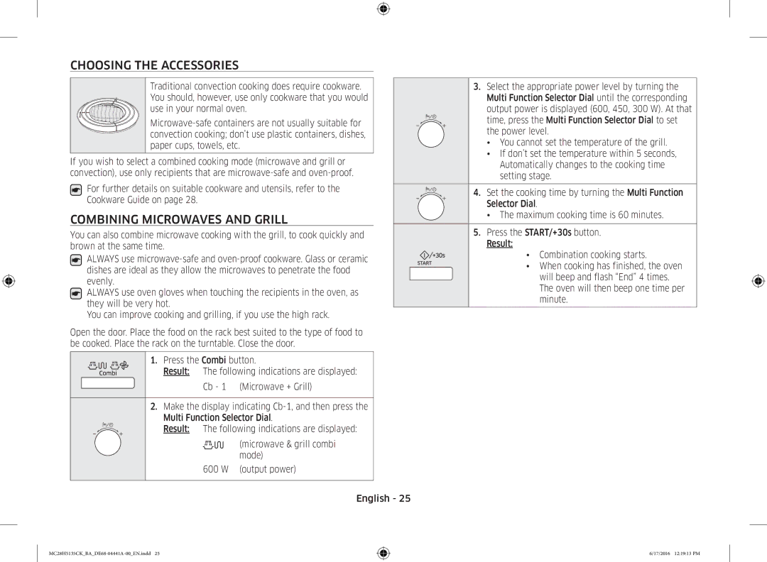 Samsung MC28H5135CK/BA manual Choosing the Accessories, Combining Microwaves and Grill, Use 